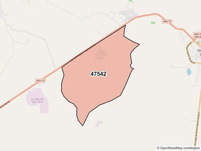 Mapa del código postal 47542, Ojuelos de Jalisco, Jalisco