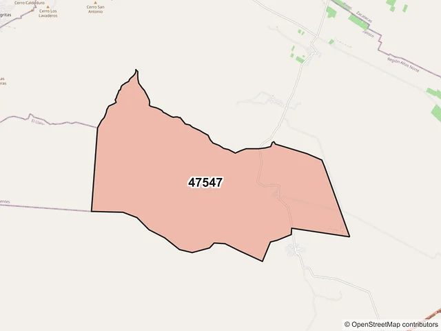 Mapa del código postal 47547, Ojuelos de Jalisco, Jalisco