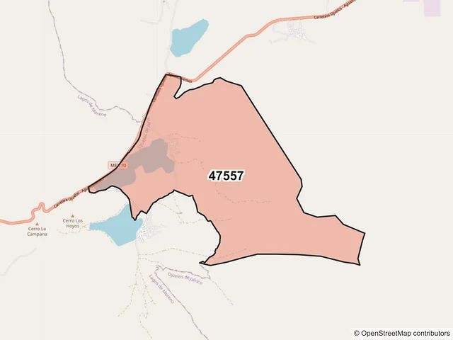 Mapa del código postal 47557, Ojuelos de Jalisco, Jalisco