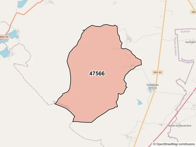Mapa del código postal 47566, Ojuelos de Jalisco, Jalisco