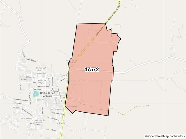Mapa del código postal 47572, Unión de San Antonio, Jalisco