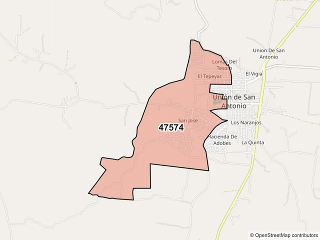 Mapa del código postal 47574, Unión de San Antonio, Jalisco