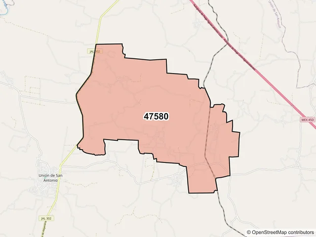Mapa del código postal 47580, Unión de San Antonio, Jalisco