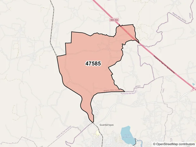 Mapa del código postal 47585, Unión de San Antonio, Jalisco