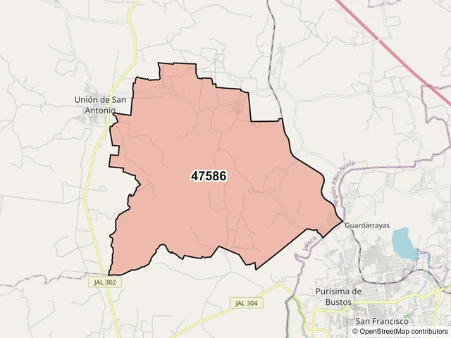 Mapa del código postal 47586, Unión de San Antonio, Jalisco