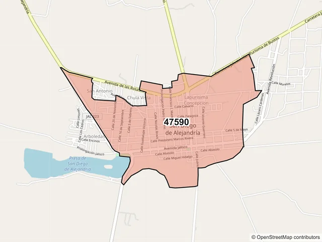 Mapa del código postal 47590, San Diego de Alejandría, Jalisco