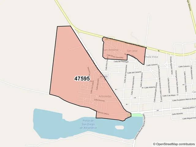 Mapa del código postal 47595, San Diego de Alejandría, Jalisco