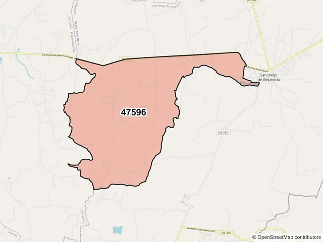 Mapa del código postal 47596, San Diego de Alejandría, Jalisco
