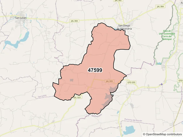 Mapa del código postal 47599, San Diego de Alejandría, Jalisco