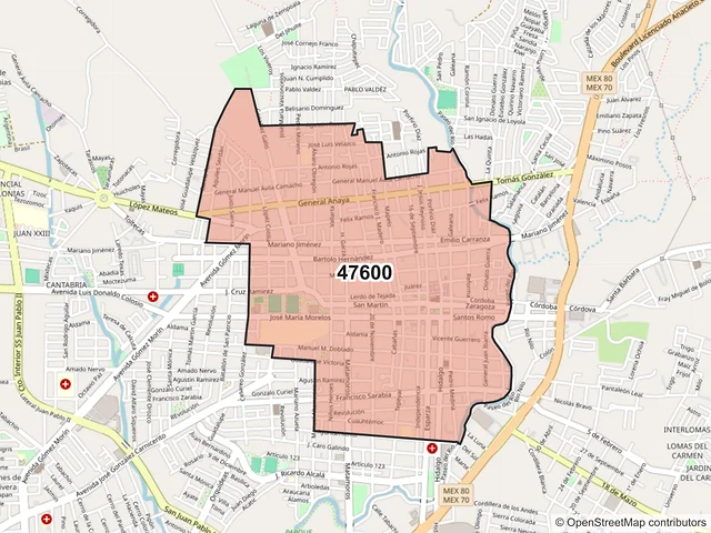 Mapa del código postal 47600, Tepatitlán de Morelos, Jalisco