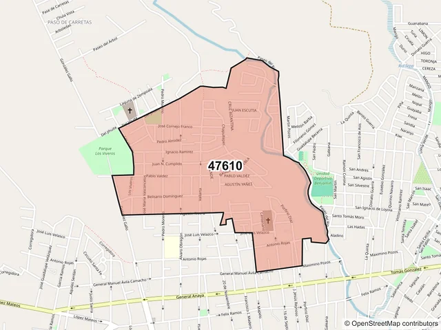 Mapa del código postal 47610, Tepatitlán de Morelos, Jalisco