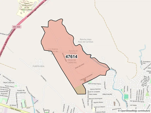 Mapa del código postal 47614, Tepatitlán de Morelos, Jalisco