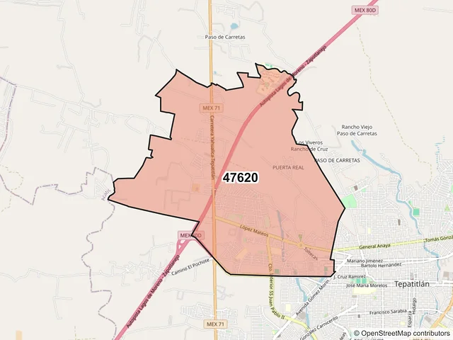 Mapa del código postal 47620, Tepatitlán de Morelos, Jalisco