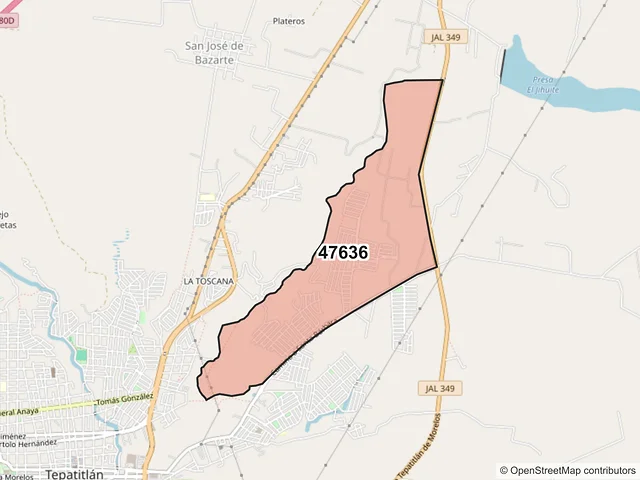 Mapa del código postal 47636, Tepatitlán de Morelos, Jalisco