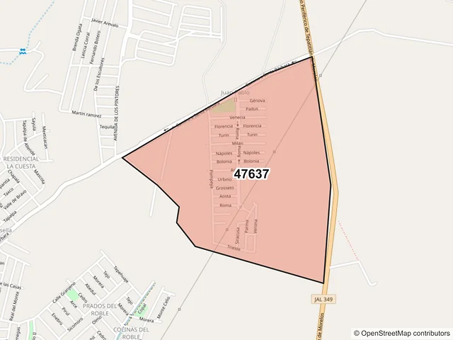 Mapa del código postal 47637, Tepatitlán de Morelos, Jalisco