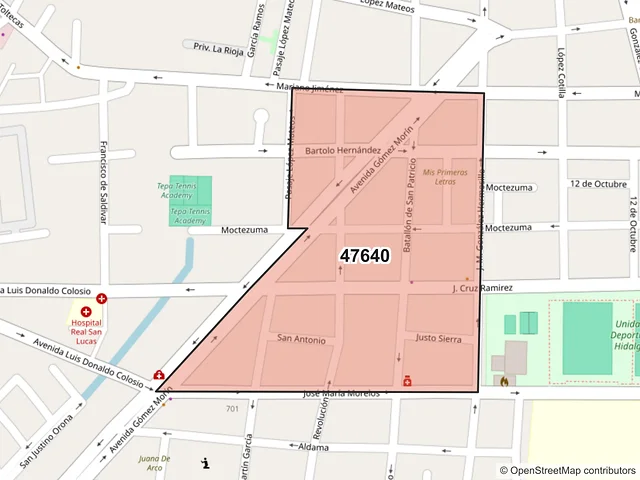 Mapa del código postal 47640, Tepatitlán de Morelos, Jalisco