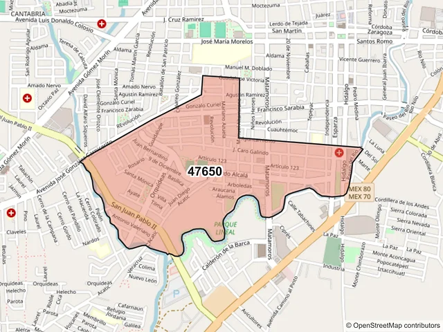 Mapa del código postal 47650, Tepatitlán de Morelos, Jalisco