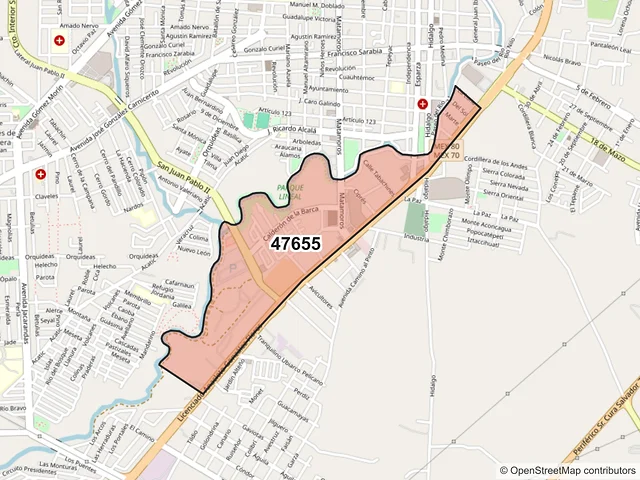 Mapa del código postal 47655, Tepatitlán de Morelos, Jalisco