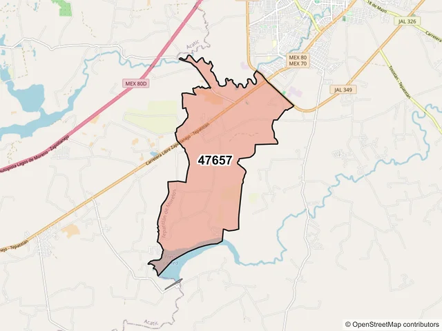 Mapa del código postal 47657, Tepatitlán de Morelos, Jalisco