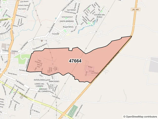 Mapa del código postal 47664, Tepatitlán de Morelos, Jalisco
