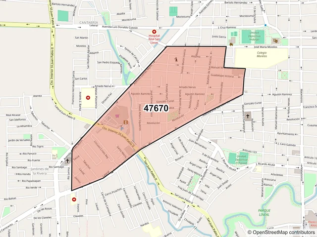 Mapa del código postal 47670, Tepatitlán de Morelos, Jalisco