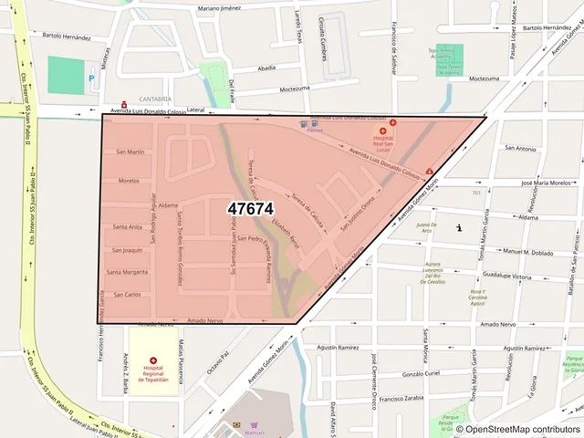 Mapa del código postal 47674, Tepatitlán de Morelos, Jalisco