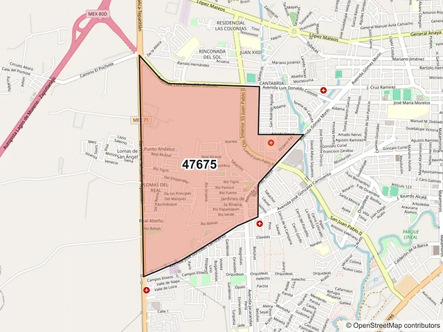 Mapa del código postal 47675, Tepatitlán de Morelos, Jalisco