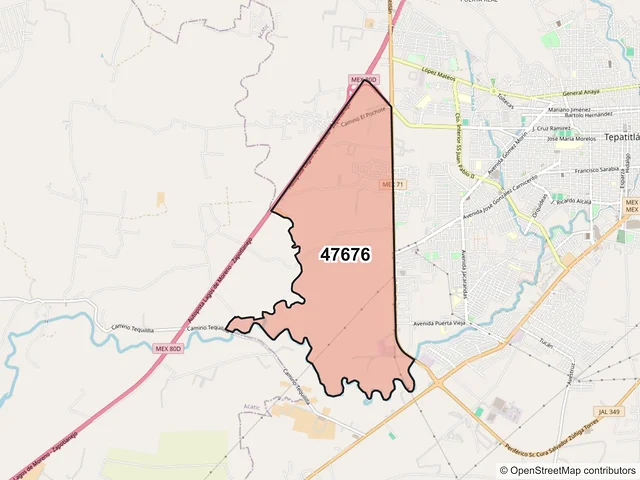 Mapa del código postal 47676, Tepatitlán de Morelos, Jalisco