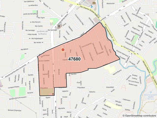 Mapa del código postal 47680, Tepatitlán de Morelos, Jalisco