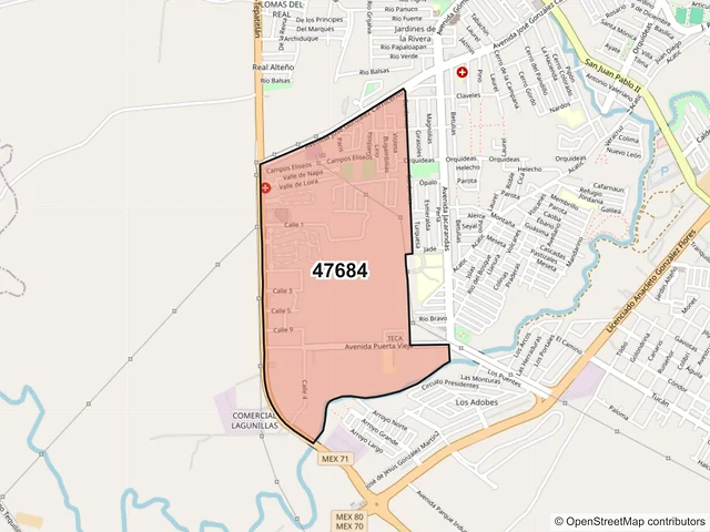 Mapa del código postal 47684, Tepatitlán de Morelos, Jalisco