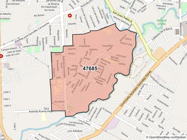 Mapa del código postal 47685, Tepatitlán de Morelos, Jalisco