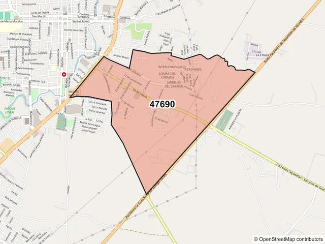 Mapa del código postal 47690, Tepatitlán de Morelos, Jalisco