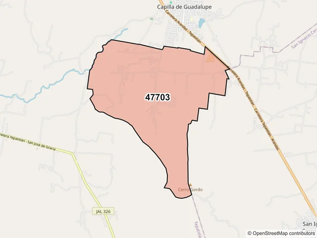 Mapa del código postal 47703, Tepatitlán de Morelos, Jalisco