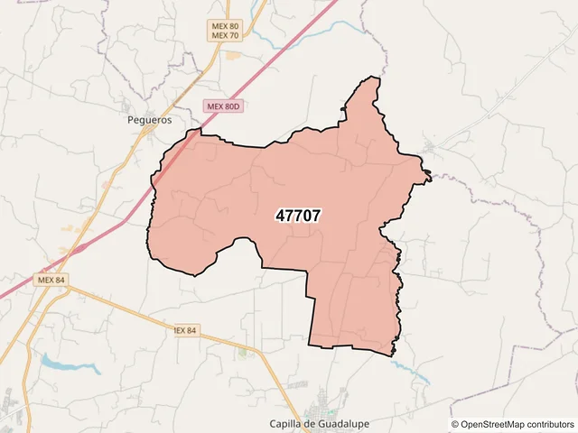 Mapa del código postal 47707, Tepatitlán de Morelos, Jalisco