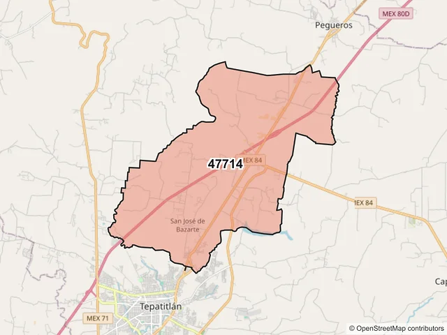 Mapa del código postal 47714, Tepatitlán de Morelos, Jalisco