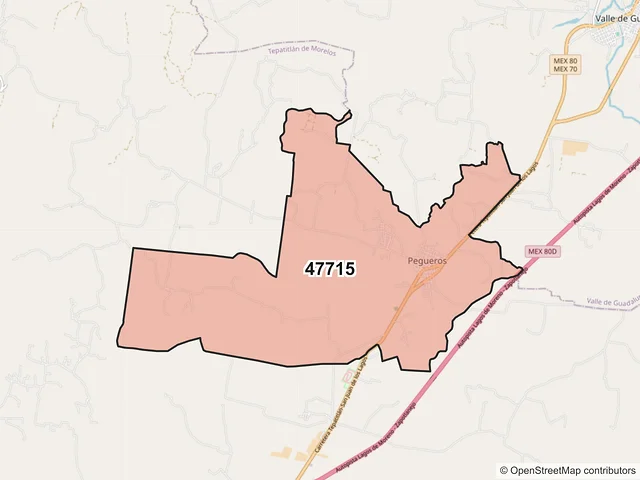 Mapa del código postal 47715, Tepatitlán de Morelos, Jalisco
