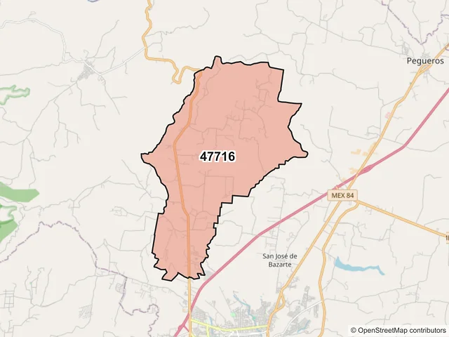 Mapa del código postal 47716, Tepatitlán de Morelos, Jalisco