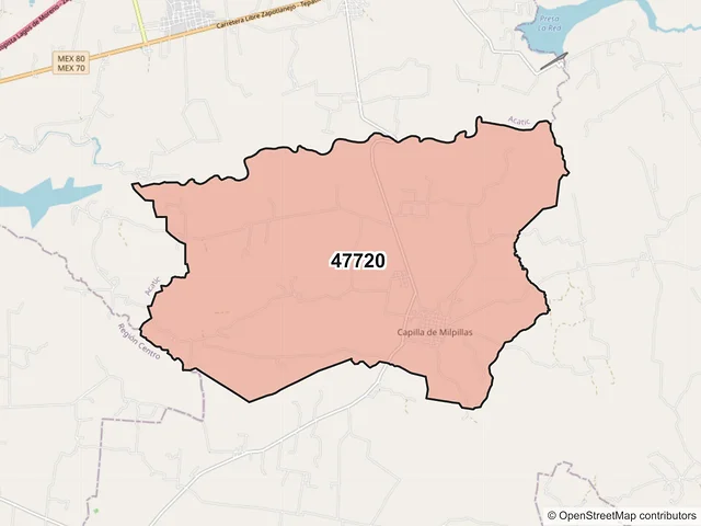 Mapa del código postal 47720, Tepatitlán de Morelos, Jalisco