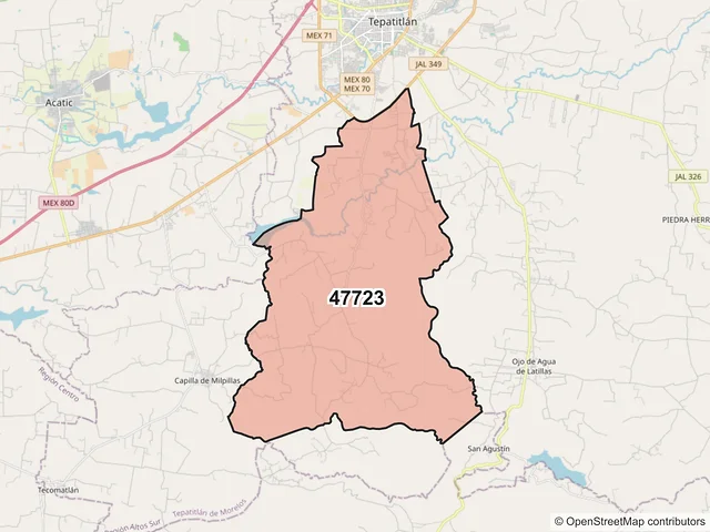 Mapa del código postal 47723, Tepatitlán de Morelos, Jalisco