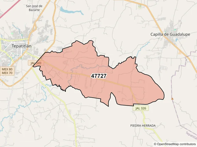 Mapa del código postal 47727, Tepatitlán de Morelos, Jalisco