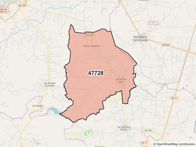 Mapa del código postal 47728, Tepatitlán de Morelos, Jalisco