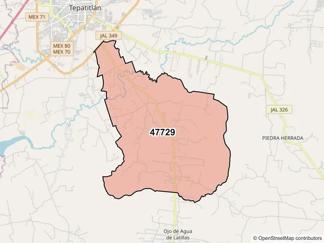 Mapa del código postal 47729, Tepatitlán de Morelos, Jalisco