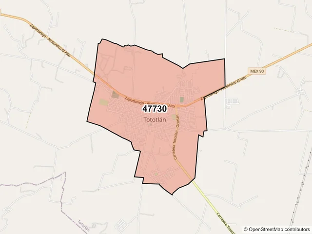 Mapa del código postal 47730, Tototlán, Jalisco