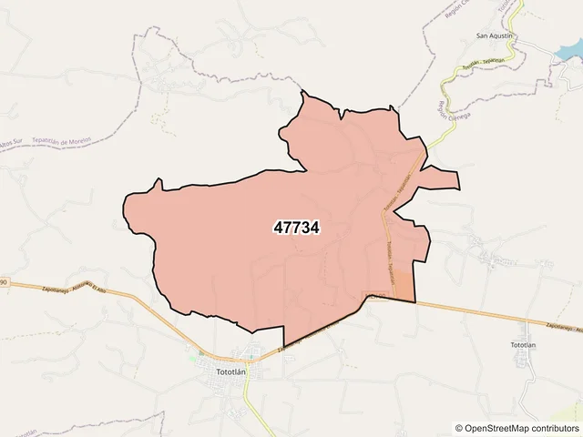 Mapa del código postal 47734, Tototlán, Jalisco