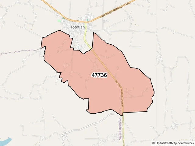 Mapa del código postal 47736, Tototlán, Jalisco