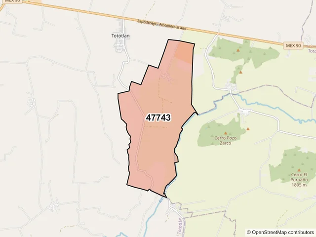 Mapa del código postal 47743, Tototlán, Jalisco