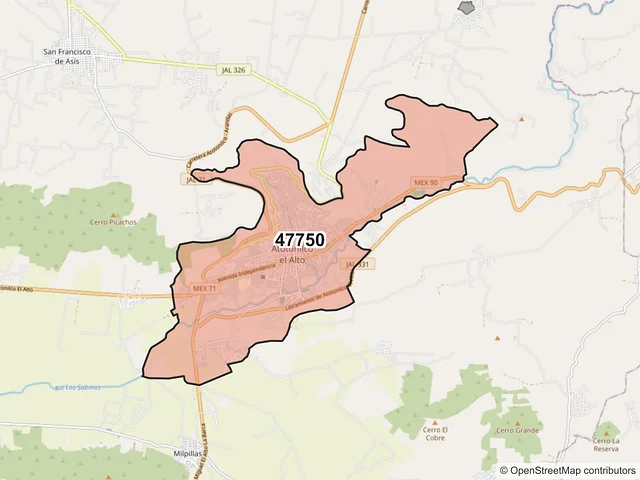 Mapa del código postal 47750, Atotonilco el Alto, Jalisco