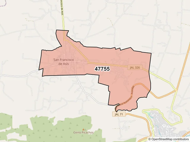Mapa del código postal 47755, Atotonilco el Alto, Jalisco
