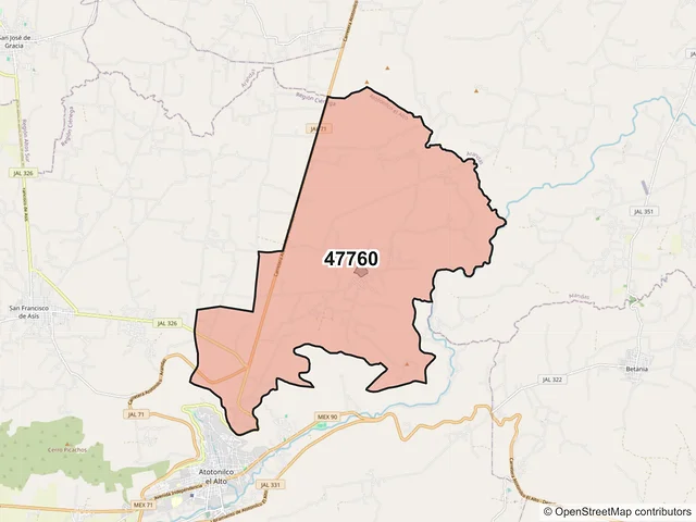 Mapa del código postal 47760, Atotonilco el Alto, Jalisco