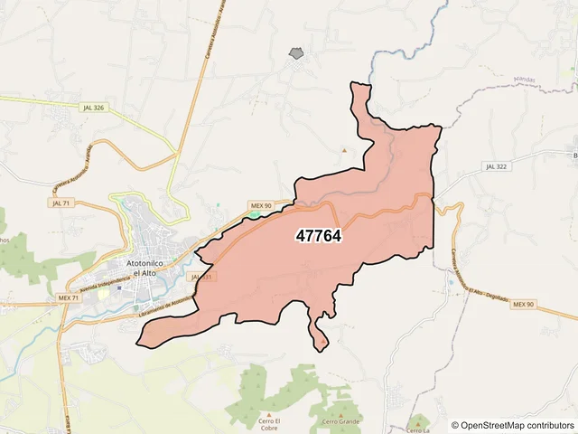 Mapa del código postal 47764, Atotonilco el Alto, Jalisco